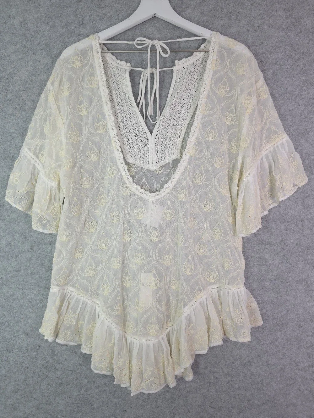 By Anthropologie The Deco Flutter Sleeve Sheer Open Back Tunic Top - Cream - Picture 5 of 12